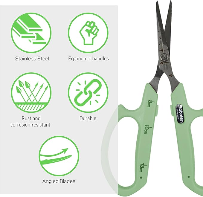Saboten Stainless Steel Angled Blade Trimming Scissors Green PT-13 160mm Precision Gardening Bonsai and Floral Shears Made in Japan