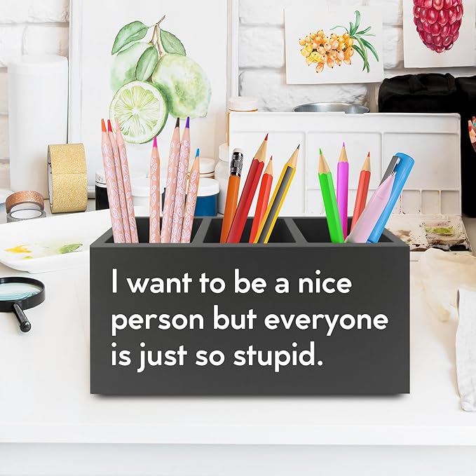 XPH Funny Pen Pencil Holder Organizer for Desk, Sarcastic Gifts for Women Men Coworkers, Office Humor Gifts, Funny Wooden Box Sign for Home Office Desk Tabletop Decorations