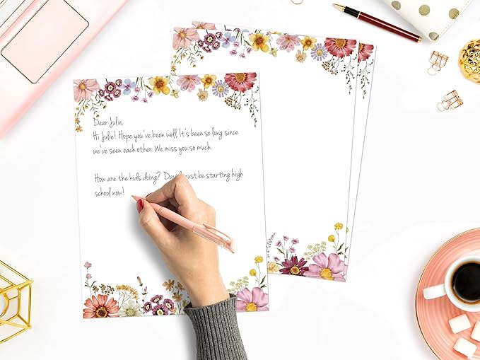 Flower Paper Stationery, Floral Letterhead Paper 8.5 x 11 Inches, 50 Sheets, Elegant Writing Paper, Pretty Stationary Paper, Decorative Printer Papr, Spring Wildflower Letter Paper Set