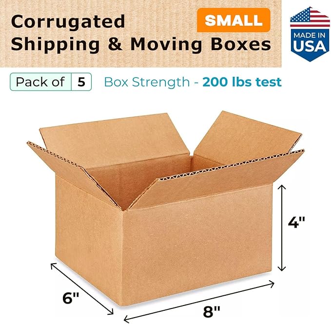 IDL Packaging - B-864-5 Small Corrugated Shipping Boxes 8"L x 6”W x 4"H (Pack of 5) - Excellent Choice of Sturdy Packing Boxes for USPS, UPS, FedEx Shipping