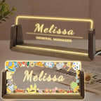 Personalized Acrylic Light Up Name Plate for Desk Custom Desk Name Plate Sign with Warm LED Light & Wooden Base Customized Office Accessories for Boss Teacher Employee
