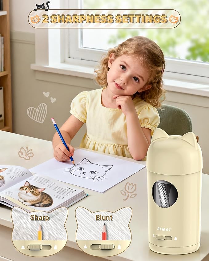 AFMAT Electric Pencil Sharpener, Colored Pencil Sharpener for φ7-8mm Pencils, Auto in & Out, Rechargeable & Cordless, Fully Automatic Hands-Free Pencil Sharpeners for Classroom Home Office PSX9