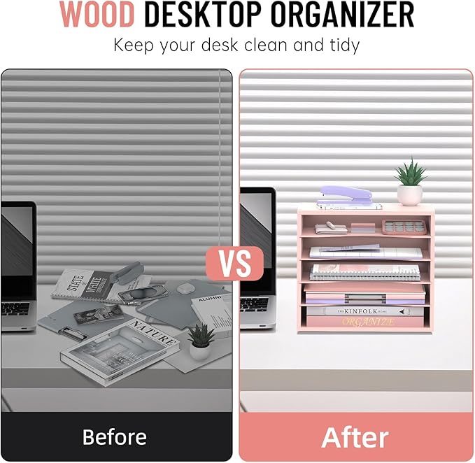 SHARKWOODS 5-Tier Wood Desk Organizer, Paper Tray Organizer for Desk with Adjustable Storage Shelves, Desktop File Organization Paper Sorter Mail Holder for Office Home Classroom, Pink