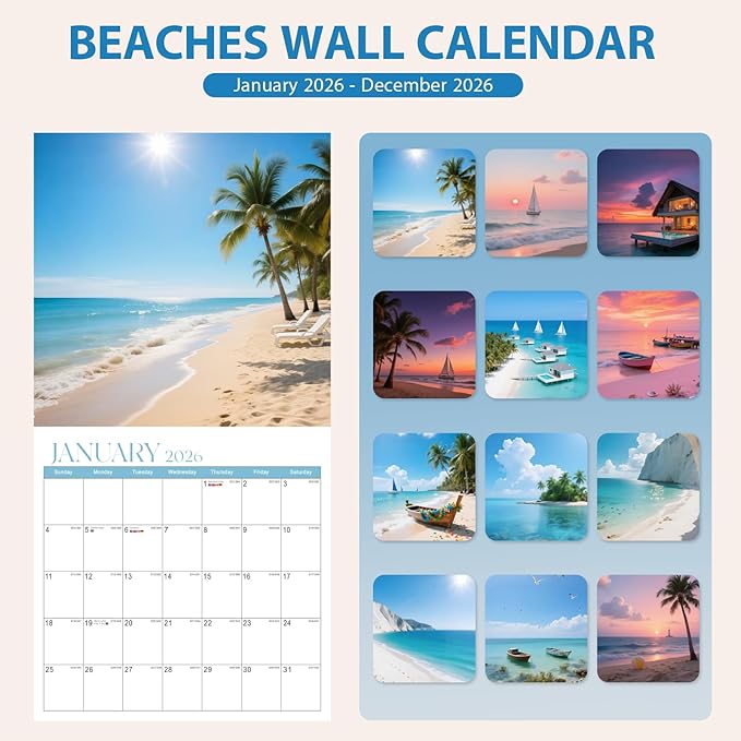 2026 Calendar, 2026 Wall Calendar, Monthly Calendars 12 Month Beach 12" x 24" Opened, Thick Glossy Paper for Organizing Planning, Ideal for Home Office