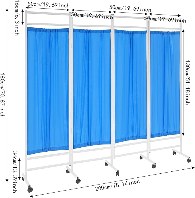 Medical Privacy Screens, Waterproof Nylon Fabric, 78.7 * 70.9 in Foldable Rolling Medical Privacy Screen with Silent Wheels, Suit for Hospitals, Clinics, and Nursing Homes (Blue, 4 Panels)
