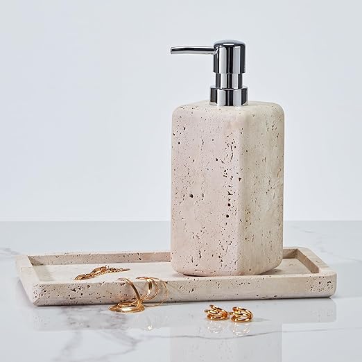 Rectangular Ivory Travertine Bathroom Trash Can, Natural Organic Stone Office Wastebasket, Wabi-Sabi Durable Storage Basket, Garbage Container for Bathroom, Home Office, Bedroom, Living Room, Toilet