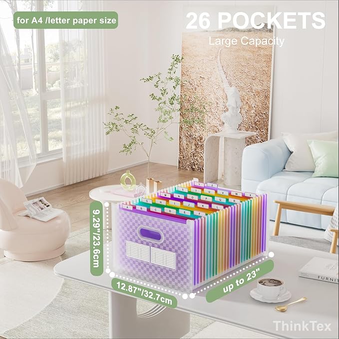 ThinkTex 26-Pocket Accordion File Organizer, Upright & Open Top, A–Z Colorful Tabs, High Capacity Expanding File Folder, Letter/A4 Size Essentials for School, Home, and Office-Purple