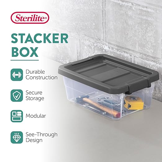 Sterilite 6-Pack Modular Stacker Box, Durable Clear Plastic Storage Bins with Latching Lids, 16 Quart - Stackable Organizing Container Boxes for Closet, Bathroom, and Office