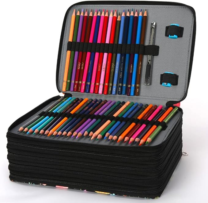 Vomgomfom Colored Pencil Case - 252 Slot Pencil Holder with Zipper Closure, Twill Fabric Large Capacity Case for Watercolor Pens or Markers, Organizer for Artists (Black Flower)