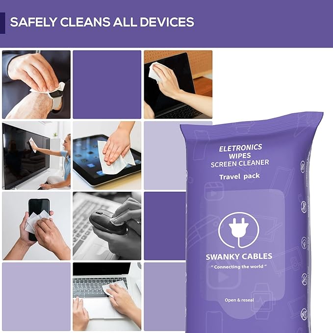 Swanky Cables Screen Cleaner Wipes: Electronic Wipes for Screens - Computer Screen Wipes for Lens, Phone, Tv Screen and Monitor Cleaning - Tech Wipes & Microfiber Cloth (Soft Wipes, 300 Count)