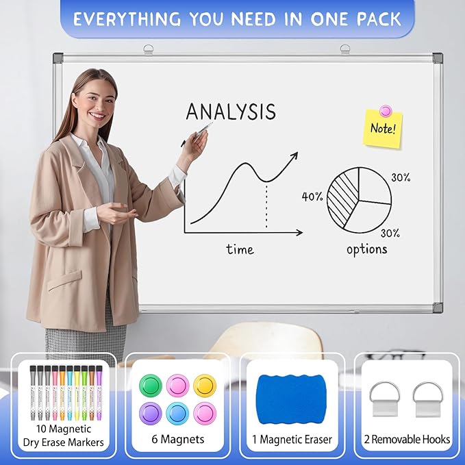 Grtard 36" x 24" Magnetic Dry Erase Whiteboard for Wall, Large Hanging Magnetic White Board with Marker & Magnets, Smooth Writing Dry Erase Board for Office & Home, Christmas Practical Gift Idea