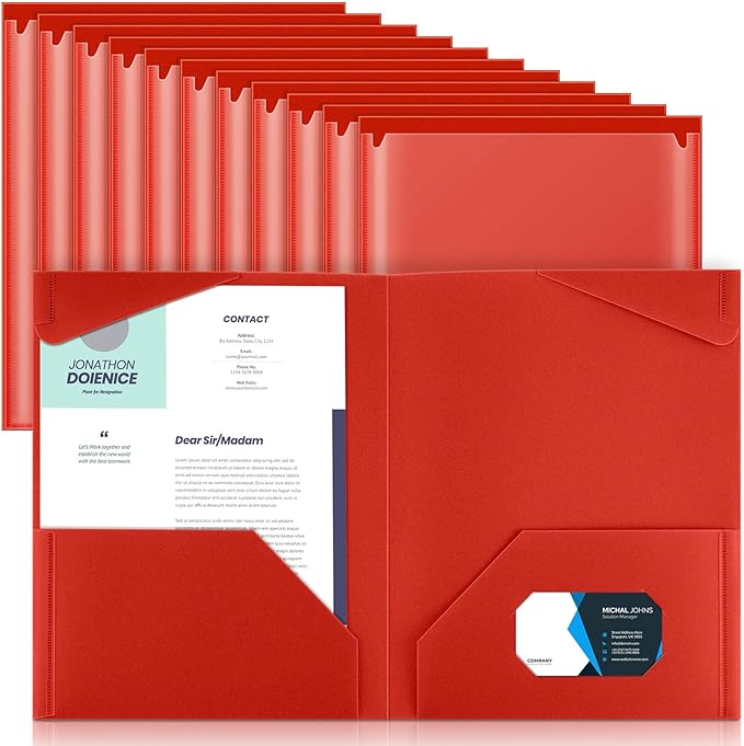 Henoyso 18 Pcs Plastic Folders with Clear Front Pockets Heavy Duty File Folders with 2 Pockets and Card Slot for Student Communication School Office Presentation Report (Red)