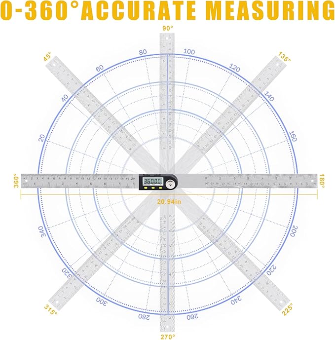 Delgada 8 inch/200mm Digital Angle Finder Ruler - Stainless Steel Protractor for Woodworking and Construction - Battery Included