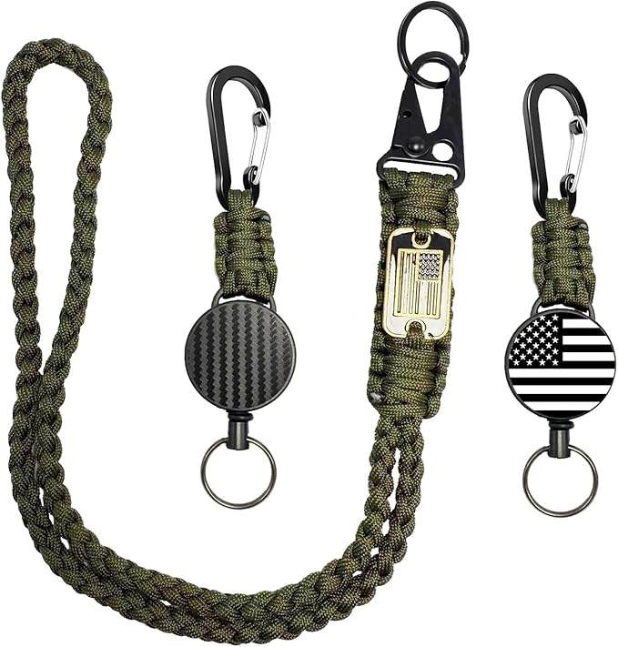 KINBOIN Heavy Duty Retractable Keychain - USA Flag Braided Paracord Lanyard, ID Badge Clip Reel, Necklace Keychains for Travel Work