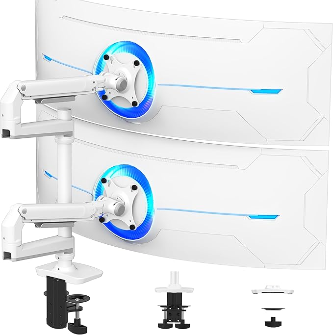 Ergounion Premium Dual Monitor Stand for Desk, High-Grade Aluminum Stacked Monitor Arm with Heavy-Duty Mechanical Spring, Adjustable Vertical Double Monitor Mount for 13-40 inch Screens, White
