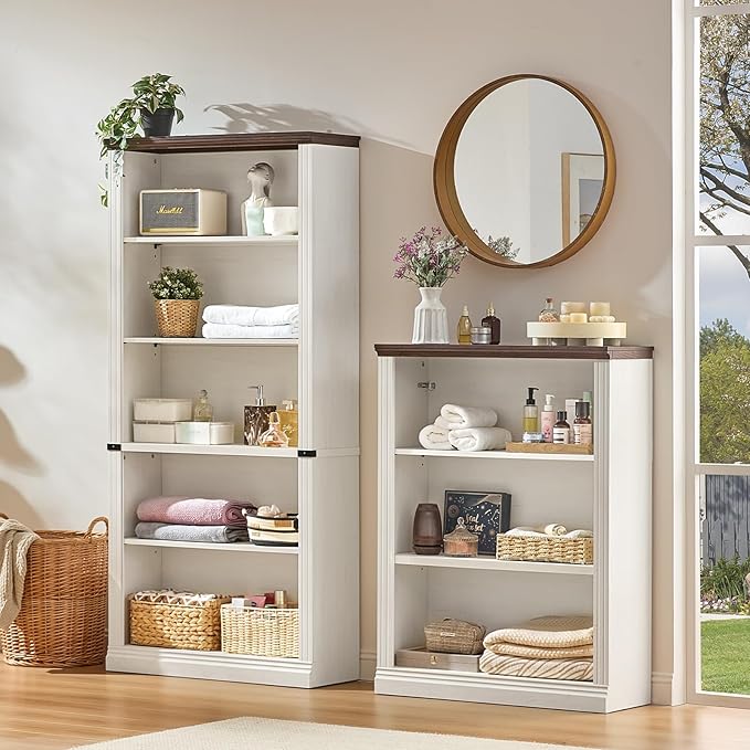 RWYHG 70" White Tall Bookshelf Set of 4,5-Tier Thick Wooden Book Shelf with Adjustable Shelves,Free Standing Farmhouse Bookcase with Open Display Storage,Floor Vintage Bookshelves for Living Room