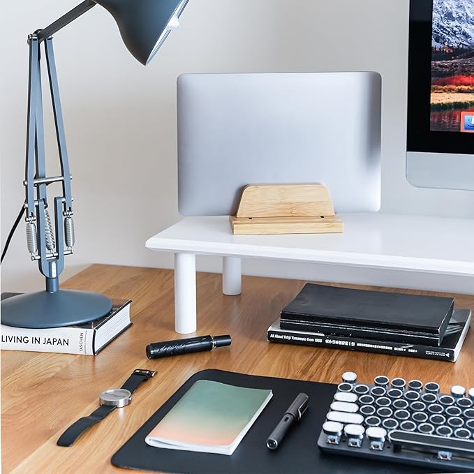 ROCDEER Bamboo Dual Monitor Stand Riser White, Desk Monitor Riser for 2 Monitors, Supports for PC Computer Monitor, Printer, Heavy TV Riser up to 300 lbs, White