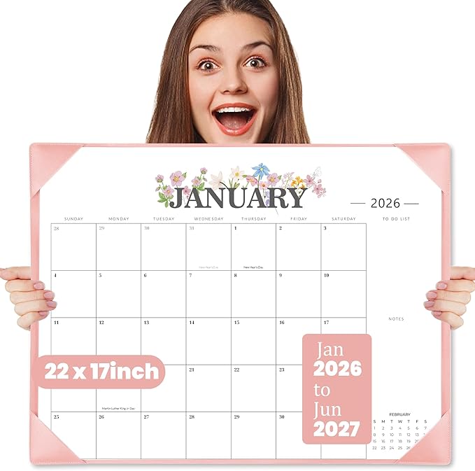 2026 Desk Calendar - 18 Month Desktop Calendars (Jan 2026–Jun 2027),Large 22x17 Monthly Calendar with Home & Office Floral Desk Pad Calendars (Pink, 22*17)