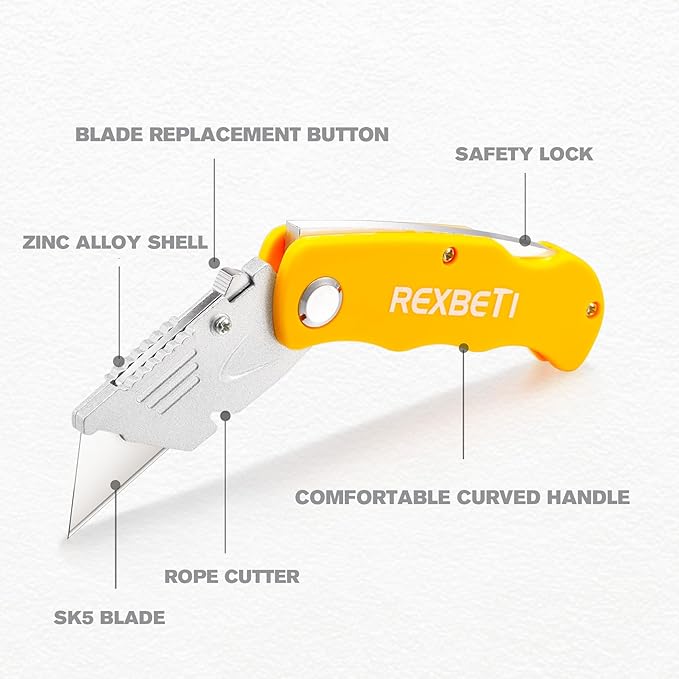REXBETI Folding Pocket Utility Knife Quick-change SK5 Box Cutter for Cartons, Cardboard and Boxes, Back-lock Mechanism with 10 Extra Blades (12 folding utility knife)