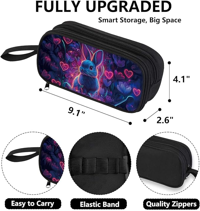 AnySmic Bunny Pencil Case for Boys Girls, Large Durable Pencil Pouch for Kids, Big Capacity Pen Case with 2 Compartments, Double Zipper, Pen Bag Organizer for Child Age 6+