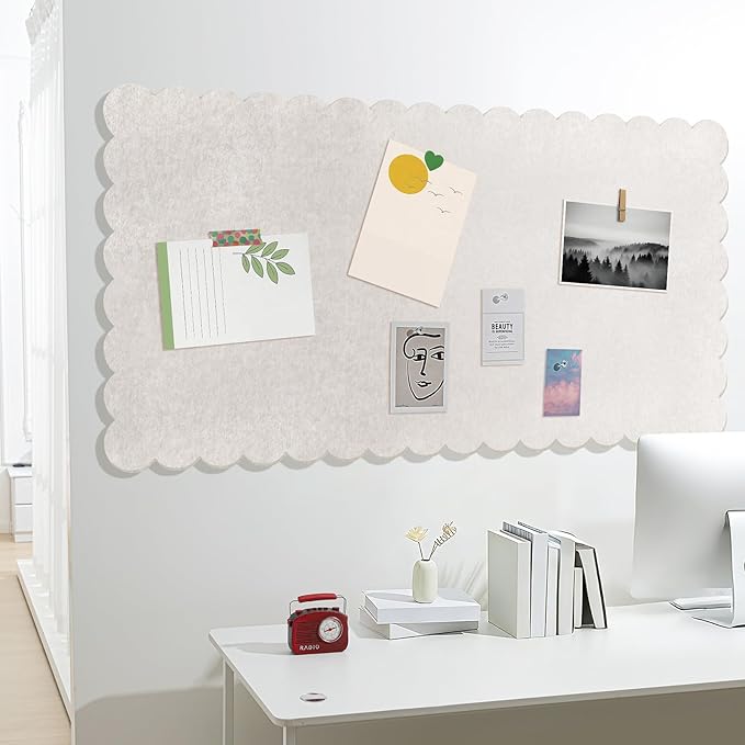 Mooliwe Scalloped Felt Bulletin Board 96 x 48 Inches Foldable Beige Pin Cork Board Alternative for Wall, 8' x 4' Trifold Picture Vision Self Adhesive Bulletin Decorative