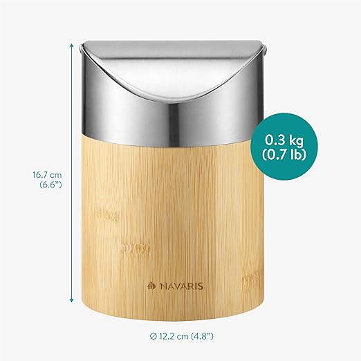 Navaris Bamboo Mini Trash Can - Small Bin with Stainless Steel Swing Lid for Easy Access - Desktop Bin Ideal for Office, Bathroom and Kitchen Counter - Compact and Easy to Clean