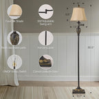 Traditional LED Floor Lamp with 350° Adjustable Swing Arm Lamp – Vintage Standing Pole lamp for Living Room, Bedroom and Office – Rustic Upright Floor Light for Home Décor with Silk Fabric Shade