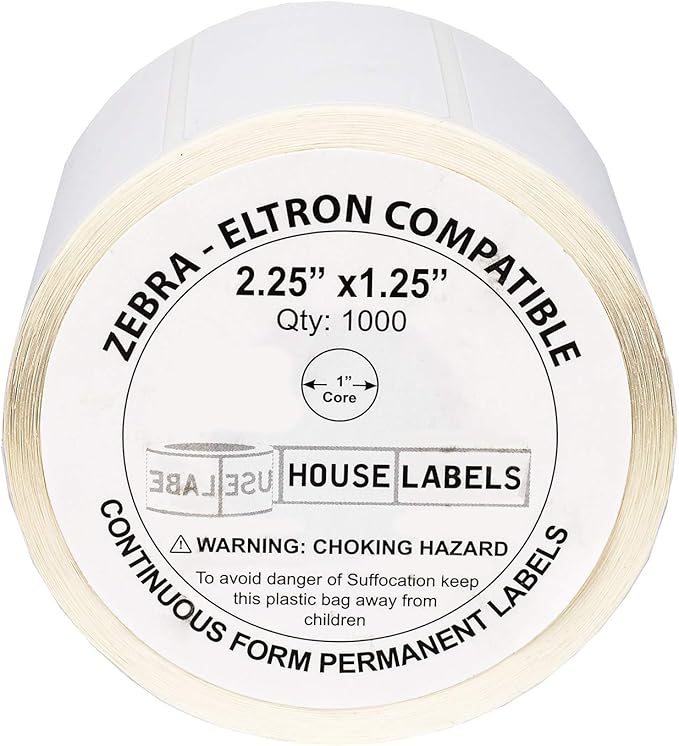 HOUSELABELS 2.25" x 1.25" Address Labels on 1" Core Compatible with Zebra and Rollo Printers, 28 Rolls / 1,000 Labels per Roll