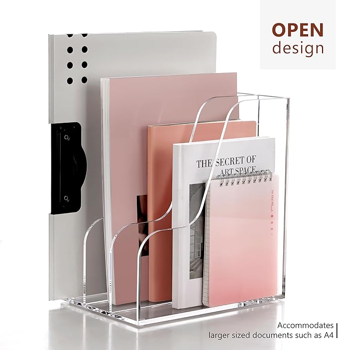 SANRUI Acrylic File Organizer, Compact Desk Organizer for Folders, Binders, Notebooks, Envelopes, Clear Magazine File Holder, 3 Section Bookshelf for School Home Office Organization, A4 Size
