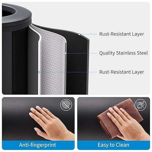 Takywep Stainless Steel Open Top Trash Can, 10.6 Gallon Cylindrical Touch-Free Direct Toss Bin with Soft-Close Lid, Anti-Fingerprint Easy-Clean for Kitchen Office Bathroom (Black)