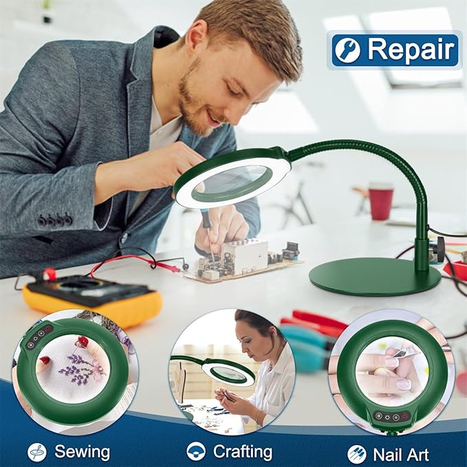 IVMAIE 10X Magnifying Glass with Light, Real Glass Lens, 5 Color Modes Dimmable, Flexible Gooseneck Lighted Magnifier with Stand, LED Desk Lamp Hands Free for Crafts Painting Reading Close Work, Green