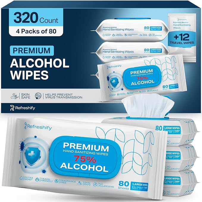 Large Alcohol Wipes 75% Unscented Hand Sanitizing Wipes (320 count +12 travel wipes) Alcohol Wipes for Travel Home and Classroom - Resealable Pack