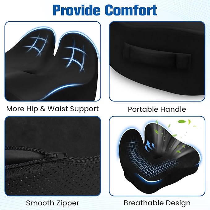 DailyCuddles Seat Cushion, Chair Cushions for Office Chairs/Desk Seats/Wheelchair - Hip&Sciatica&Tailbone Pain Relief Memory Foam Office Chair Cushion for Long Sitting Office Workers, Black