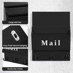Lucundm Mail and Key Holder - Decorative 9.8" x 12.5" Wall Key Hanger with 2 Mail Organizer Slots and 3 Hooks - Real Paulownia Wood with Keyhole Brackets, Hardware and Instructions (Black)