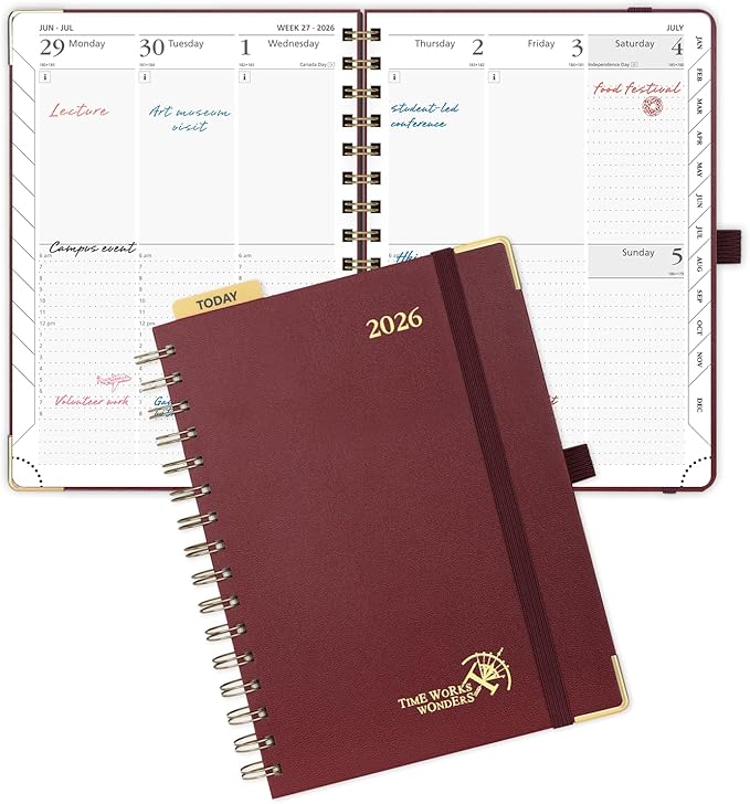 POPRUN 2026 Planner Daily Weekly and Monthly Calendar with Hourly Schedule(Medium Size 8.5'' x 6.25'' Wire-Bound Hard Cover) - Agenda 2026 (Jan.2026-Dec.2026), Monthly Tabs - Burgundy