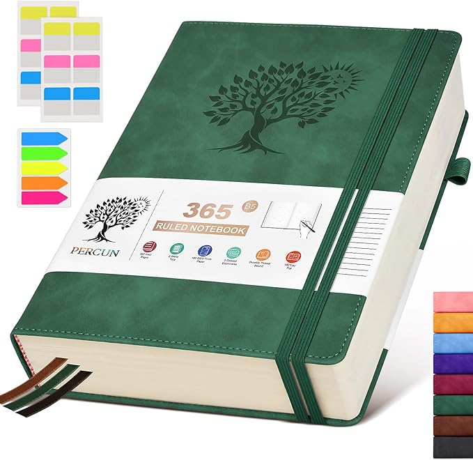 PERCUN B5 Lined Journal Notebook - 365 Page Large Leather Journals for Writing Women Men，Hardcover Notebook with 100Gsm Thick Pages，Daily Diary for Travel, Work，School，College Ruled (7.6" x 10.3")