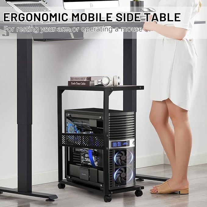 Bfttlity Large PC Stand Computer Tower Stand 2-Tier Metal CPU Holder with Locking Caster Wheels Suitable for Most PC (Black,XL)