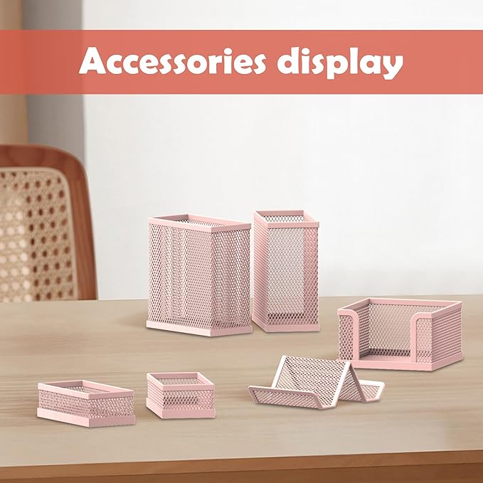 SUPEASY Pen Holder for Desk, 6 Piece Mesh Desk Organizer set for Office Organization with Mail Organizer, Letter Phone Holder, Sticky Notes Caddy Storage, Pink