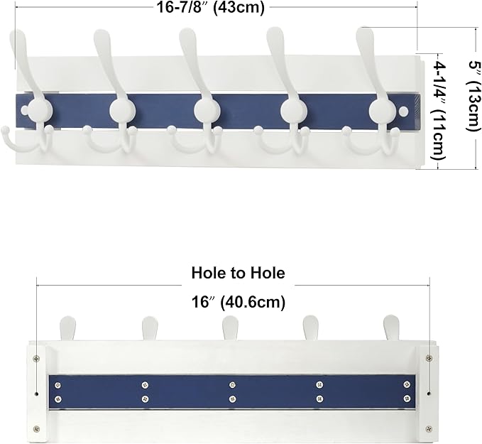 SKOLOO Coastal Wall Mounted Coat Rack - 16-7/8" Beach House Entryway Wooden Coat Hook with 5 Hooks for Hanging Coats, Hats or Towels, Oceanfront Cottage Core Collection, White & Blue