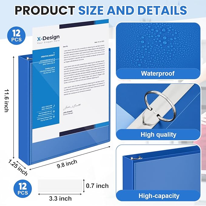 Henoyso 12 Pcs 3 Ring 1 Inch Binders Fits 8.5 x 11 Inch Letter Size Paper, Plastic Blue Flexible Binders with View Cover and 2 Pockets, 175 Sheets Capacity for Office School
