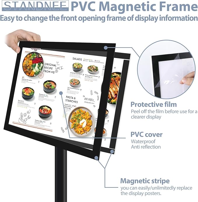 STANDNEE Heavy-duty Poster Stand Holder 11"x 17" Pedestal Floor Standing Sign Holder Vertical and Horizontal View Sign Display, PVC Magnetic Frame, Black