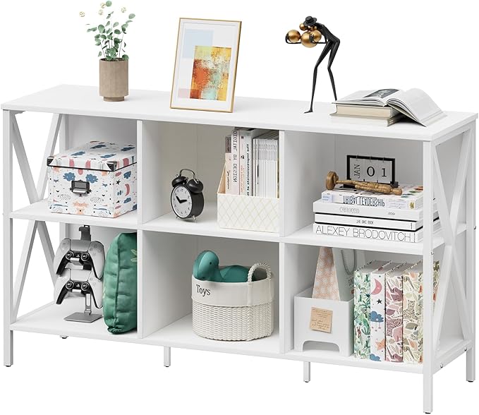 Adompacat Horizontal Bookshelf Bookcase,6 Cube Storage Organizer with Open Shelf,47 Inch Industrial Low Wide Wood and Metal Cubby Shelf,Long Shelving Unit for Home Office Living Room(White,6 Cube)