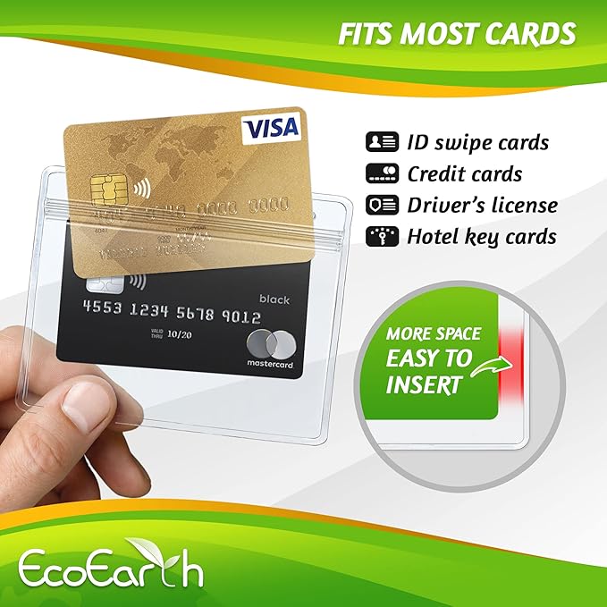 EcoEarth - Horizontal Card Protector w/Soft Edge - Sealable 4x3 Inch, Clear, 50 Pack - Waterproof ID Badge Holder - Plastic Name Tag Holder Bulk