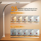 SIBRILLE LED Desk Lamp for Home Office - Eye-Caring Computer Desk Light with Clamp, Adjustable Work Lamp with Color Changing, Dimmable Double Head Monitor Light with Gooseneck, White