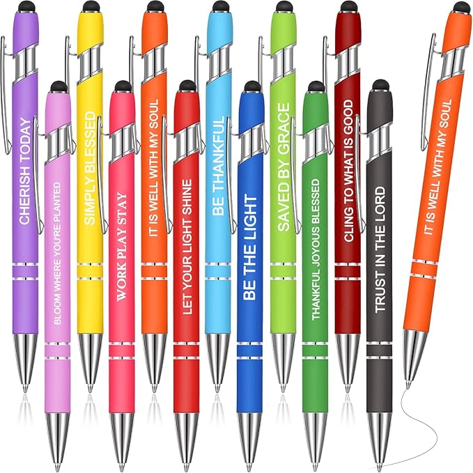 Zonon 12 Pcs Inspirational Pens Bulk Funny Ballpoint Pen with Stylus Tip Motivational Gifts for Valentine's Day Teacher Coworkers Nurse School Office Supplies(Fresh Color,Bible Style)