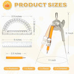 4 Pieces Geometry Math Set Compass for Geometry Math Compass and Protractor Set Include Metal Compass with Pencil Plastic Ruler and Protractor for Student School Office Woodworking Drawing Tools