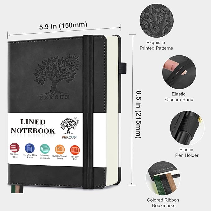 PERCUN Lined Journal Notebook for Men & Women, 160 Pages College Ruled Journal for Writing, A5 Hardcover Leather Notebooks for Work, School, Business, Travel, Daily Diary 5.9" x 8.5" (Black)