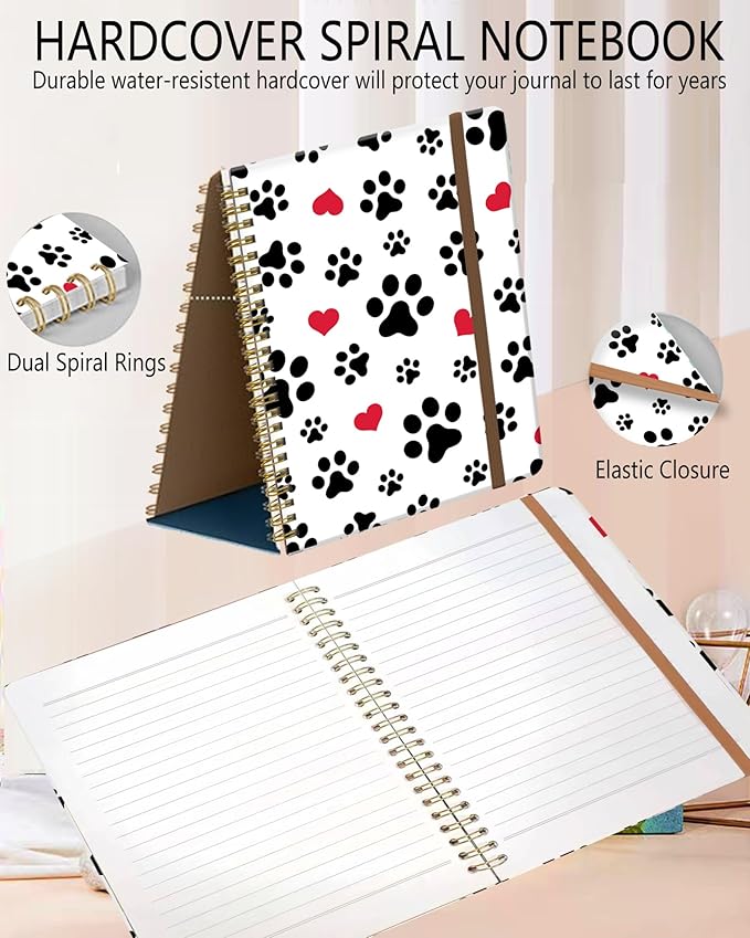 DHGPTS Spiral Journal Notebook, A5 Cute Notebooks for Women Men, College Ruled Hardcover Notebook for Work & Note Taking, 60 Pages Double-Wire Journals for Writing, White Cute Dog Paws