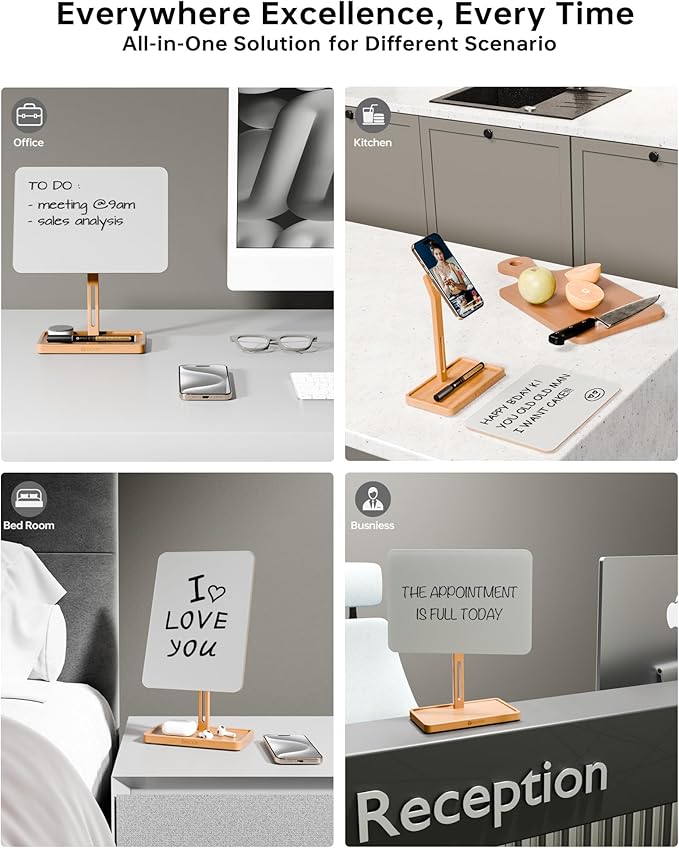 YEOUX Premium Desktop Glass Whiteboard & Magnetic Phone Stand 2-in-1 | 360° Adjustable | Solid Wood | Compatible with MagSafe, Small Dry Erase Board for Office Home Desk