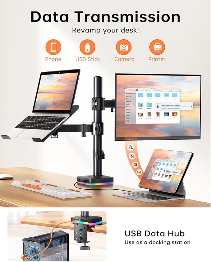 RGB Monitor and Laptop Mount Stand with 3 USB Ports, Charging and USB Data Transfer, Adjustable laptop stand for 13" to 32" Screen and 11"-17” Laptop, Holds 18lbs/Arm, 75x75/100x100 VESA, C-Clamp
